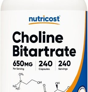 Nutricost Choline Bitartrate 650mg, 240 Vegetarian Capsules-Non-GMO, Gluten Free